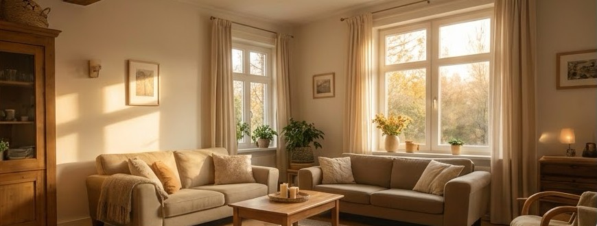 Lichte huiskamer met banken, planten en warm zonlicht