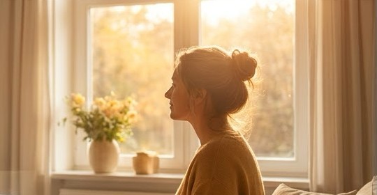 Jonge vrouw kijkt in warm zonlicht door een raam naar buiten